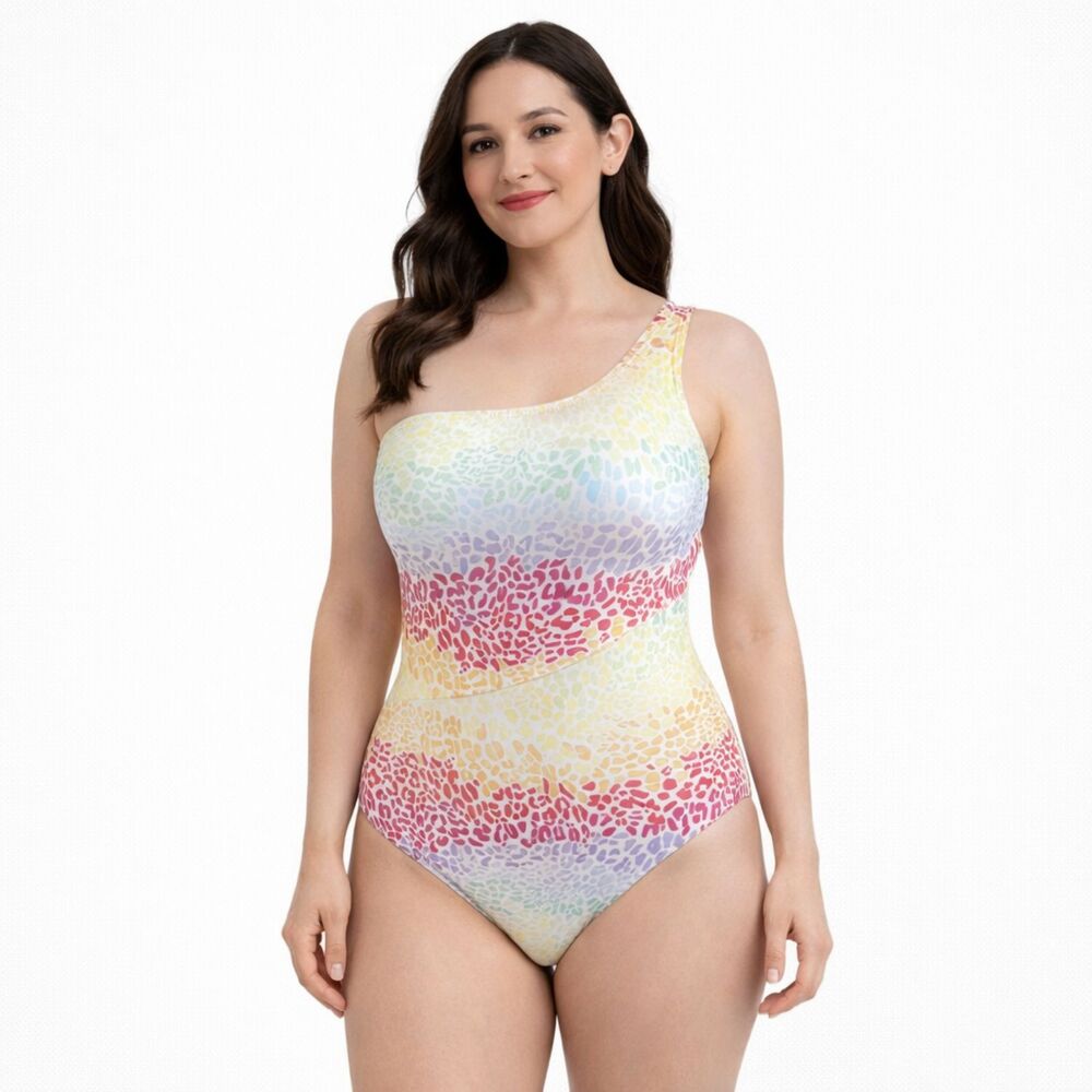 Onia Animal Print One Shoulder Swim Suit Pastel L
